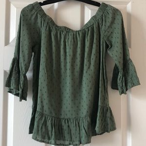 Off the shoulder olive green 3/4 length top